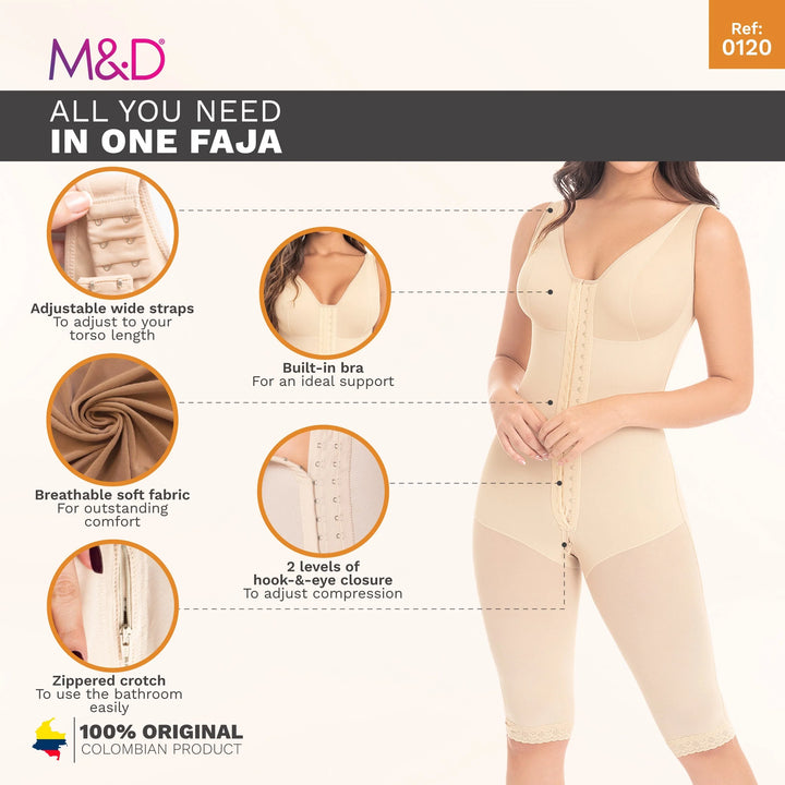 Fajas M&D F0120 - Women's Full Bodysuit Body Shaper Knee-Lenght with Bra / Powernet