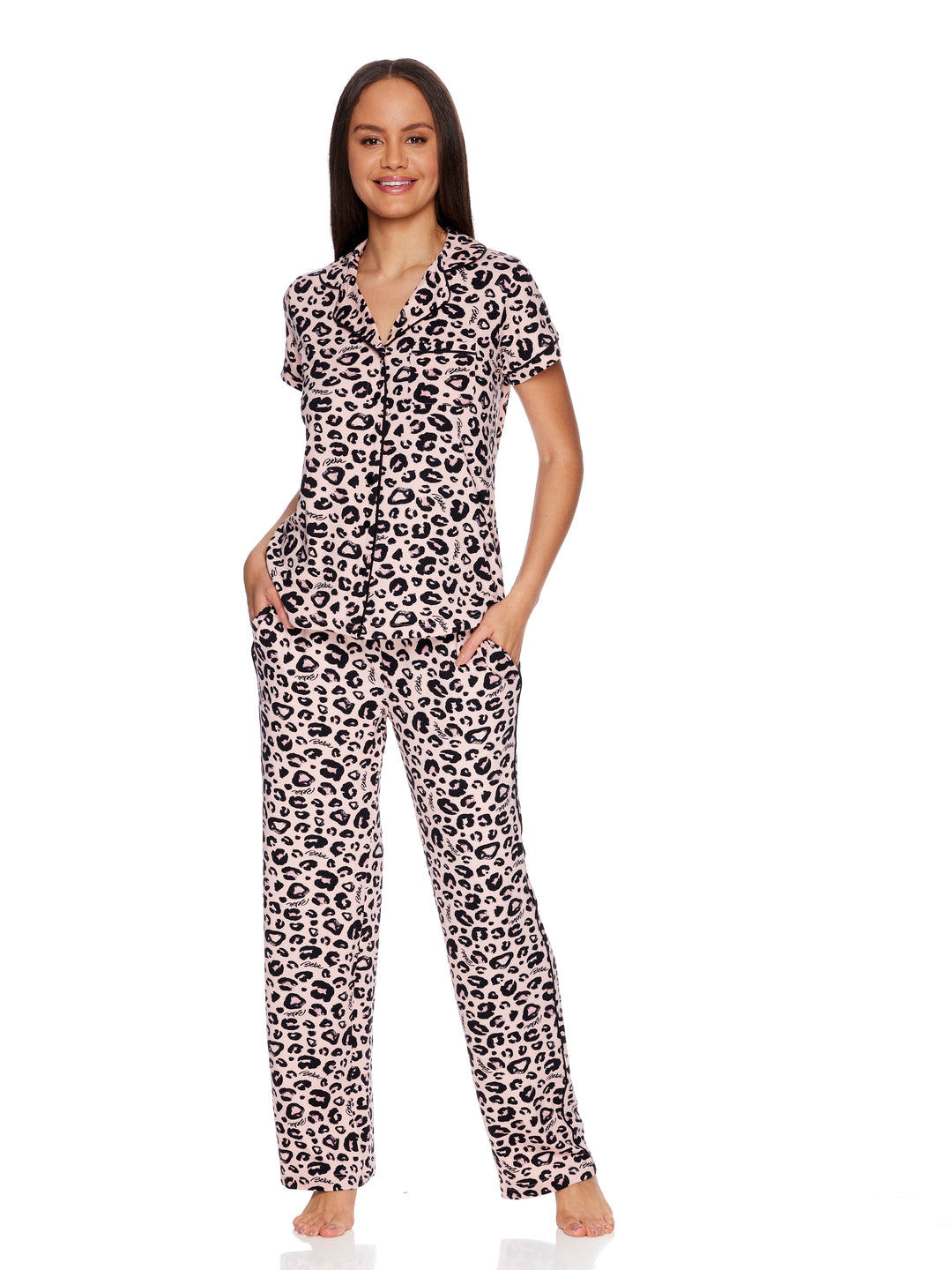 BEBE Women's Notch Collar Pajama Set with Pockets Pink Leopard | Soft Stretch Knit Sleepwear