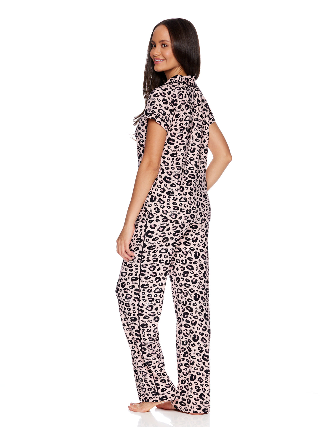 BEBE Women's Notch Collar Pajama Set with Pockets Pink Leopard | Soft Stretch Knit Sleepwear