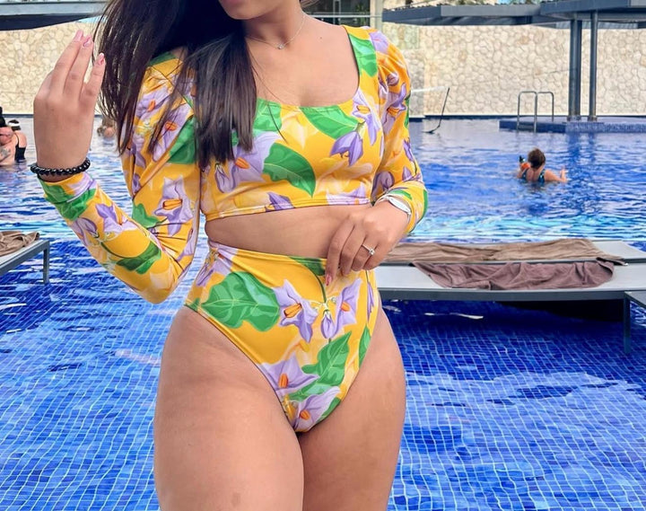 SW004 Two Piece Long-Sleeve/ High-Waisted Bottom | bold floral print in yellow, purple, and green tones.
