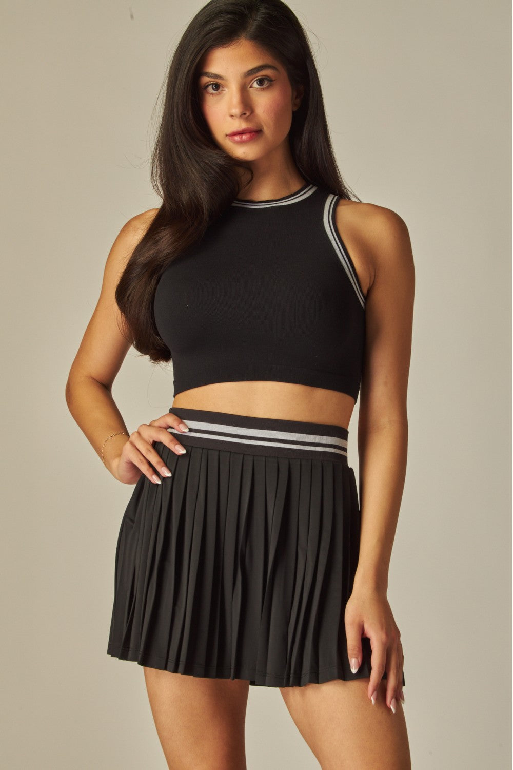 Seamless Varsity Stripes Ribbed Tank Top and Pleated Tennis Mini Skirt Set - ALO-200S/ALO-30T