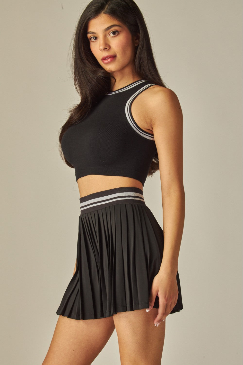 Seamless Varsity Stripes Ribbed Tank Top and Pleated Tennis Mini Skirt Set - ALO-200S/ALO-30T