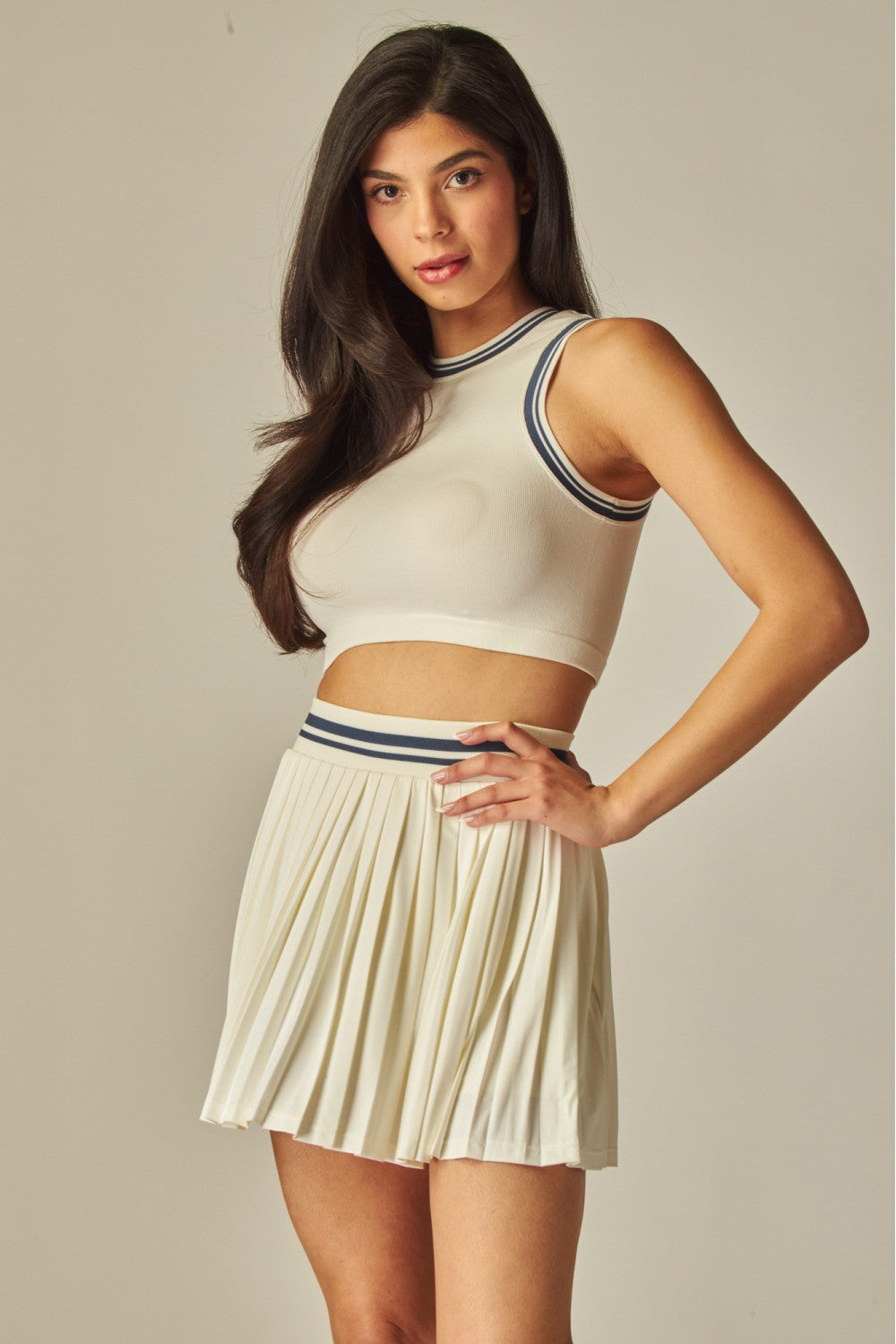 Seamless Varsity Stripes Ribbed Tank Top and Pleated Tennis Mini Skirt Set - ALO-200S/ALO-30T