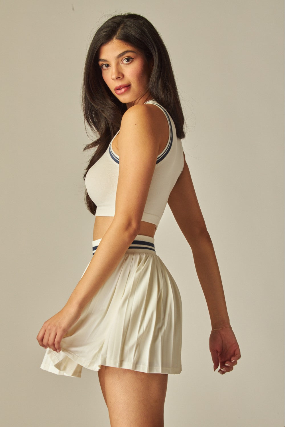 Seamless Varsity Stripes Ribbed Tank Top and Pleated Tennis Mini Skirt Set - ALO-200S/ALO-30T