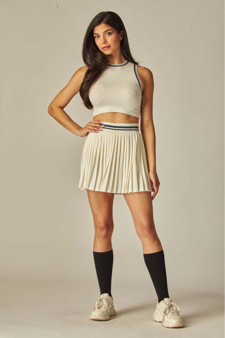 Seamless Varsity Stripes Ribbed Tank Top and Pleated Tennis Mini Skirt Set - ALO-200S/ALO-30T