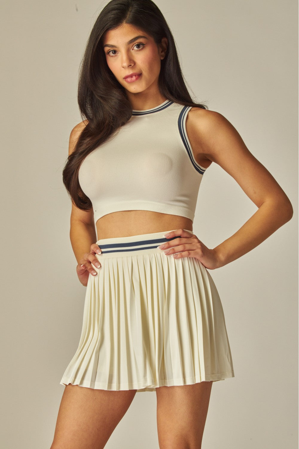 Seamless Varsity Stripes Ribbed Tank Top and Pleated Tennis Mini Skirt Set - ALO-200S/ALO-30T