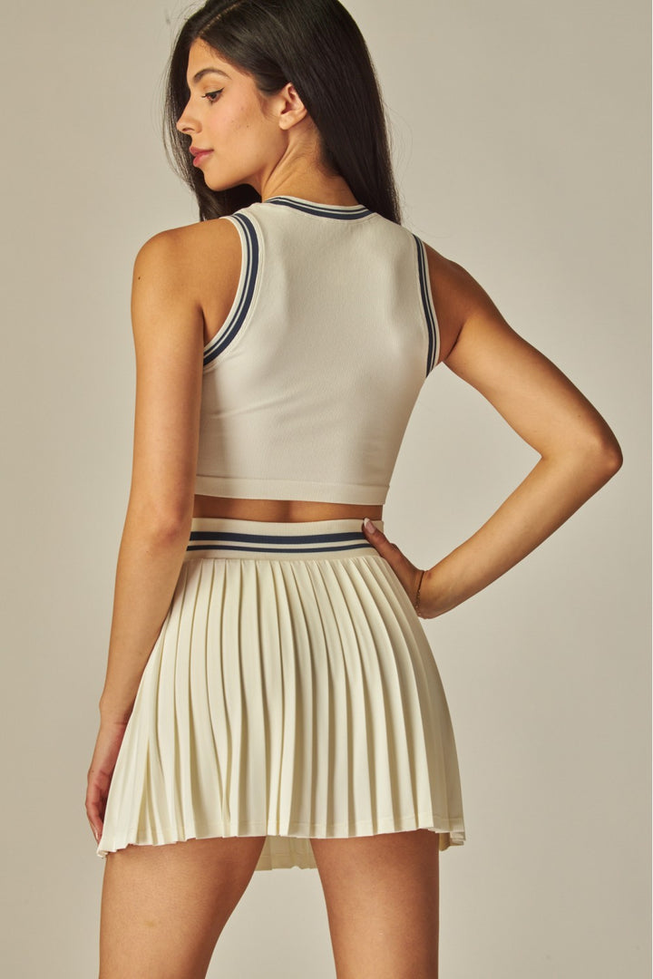 Seamless Varsity Stripes Ribbed Tank Top and Pleated Tennis Mini Skirt Set - ALO-200S/ALO-30T