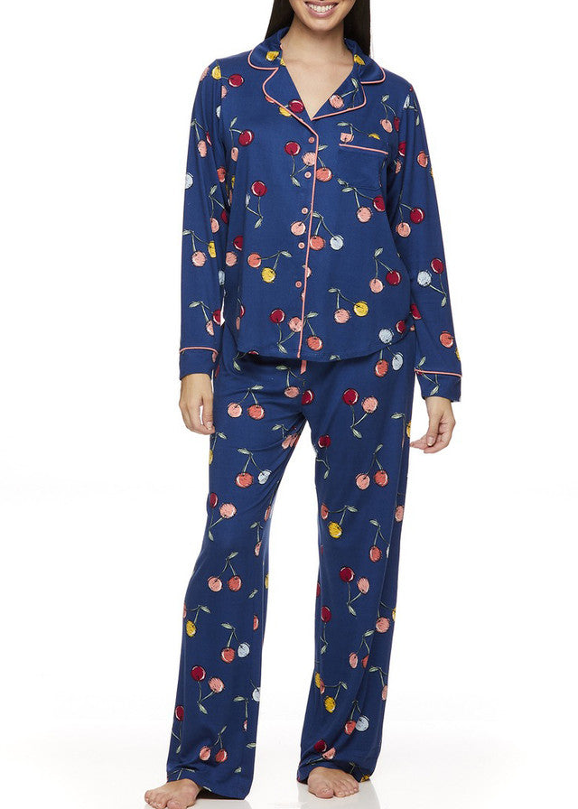 Joe Boxer Women's Notch Collar/ Shirt Collar Long Sleeve Patterned 2 Pieces Pajama Set - CHERRY PRINTED