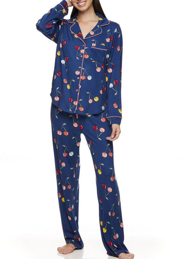 Joe Boxer Women's Notch Collar/ Shirt Collar Long Sleeve Patterned 2 Pieces Pajama Set - CHERRY PRINTED