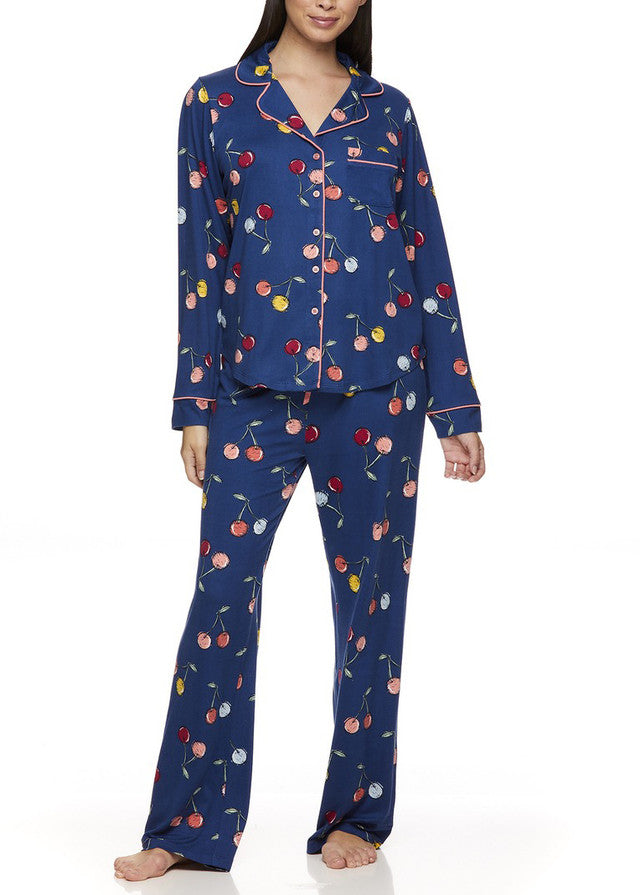 Joe Boxer Women's Notch Collar/ Shirt Collar Long Sleeve Patterned 2 Pieces Pajama Set - CHERRY PRINTED