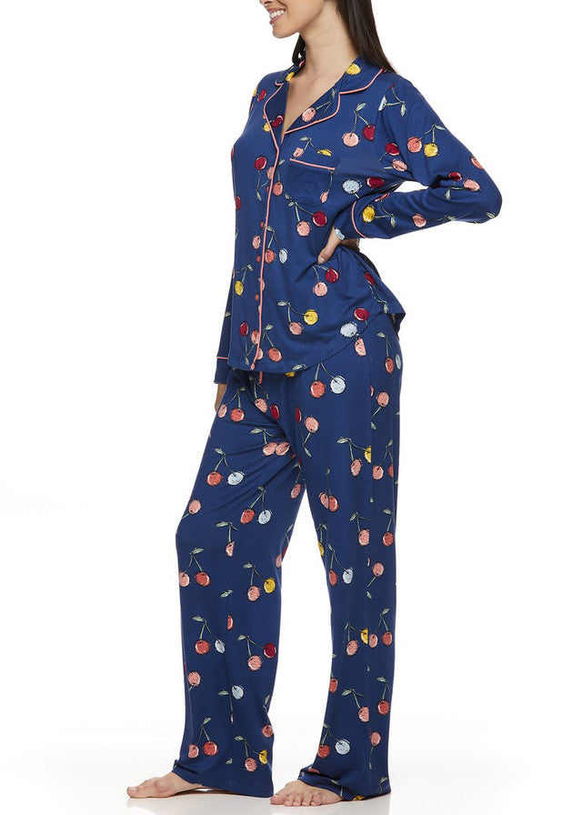 Joe Boxer Women's Notch Collar/ Shirt Collar Long Sleeve Patterned 2 Pieces Pajama Set - CHERRY PRINTED