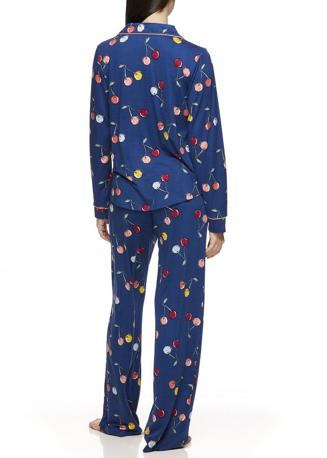 Joe Boxer Women's Notch Collar/ Shirt Collar Long Sleeve Patterned 2 Pieces Pajama Set - CHERRY PRINTED