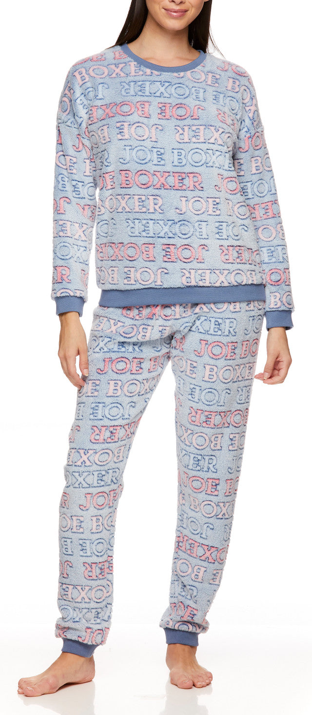 Joe Boxer Women's Blue Logo Banded Plush Long Sleeve Pajama Set