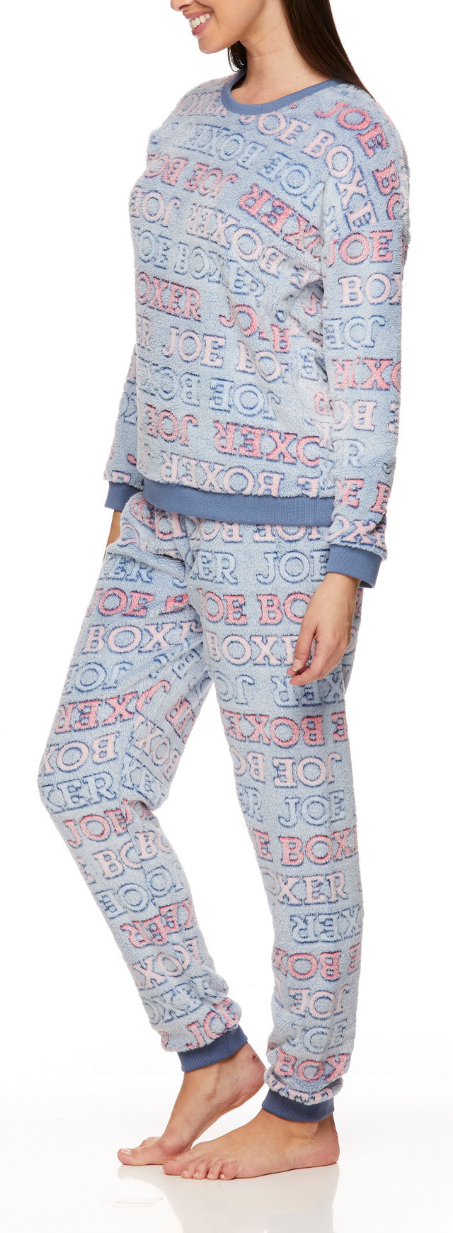 Joe Boxer Women's Blue Logo Banded Plush Long Sleeve Pajama Set