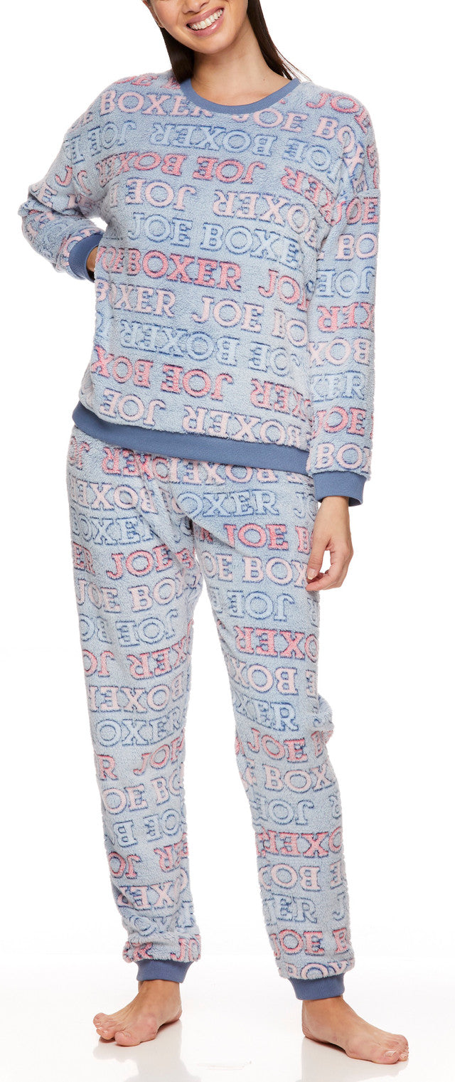 Joe Boxer Women's Blue Logo Banded Plush Long Sleeve Pajama Set