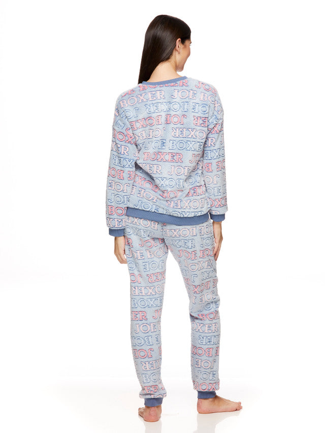 Joe Boxer Women's Blue Logo Banded Plush Long Sleeve Pajama Set