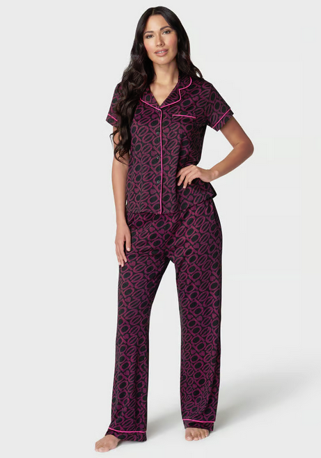 BEBE Women's Printed Notch Collar Pant Pajama Set