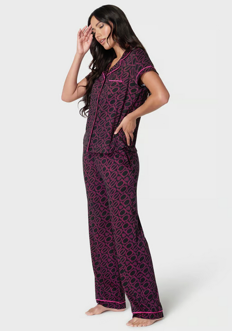BEBE Women's Printed Notch Collar Pant Pajama Set