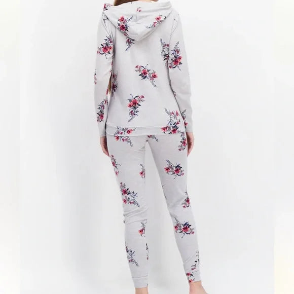 Nanette Lepore Women's Floral Print Full Sleeves Hooded Pajama Set, Heather Grey