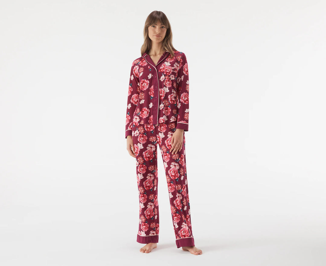 Nanette Lepore Women's Long Sleeve Notch Collar knit Floral Pajama Set