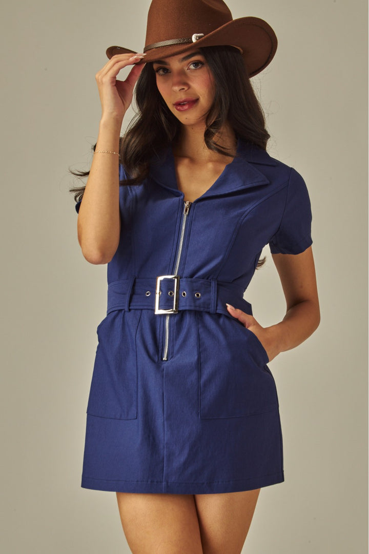 Belted Stretch Cotton Twill Western Mini Dress - DOLLY-02