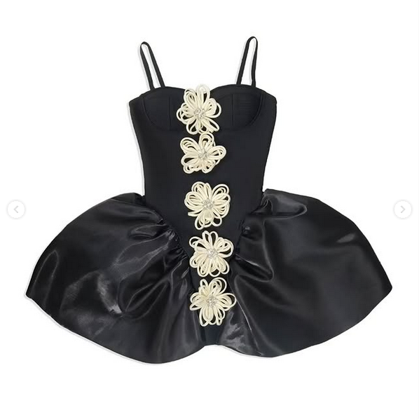 Elegant Black Cocktail Dress with 3D Floral Appliqués - DR Q1011