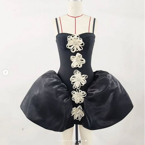 Elegant Black Cocktail Dress with 3D Floral Appliqués - DR Q1011