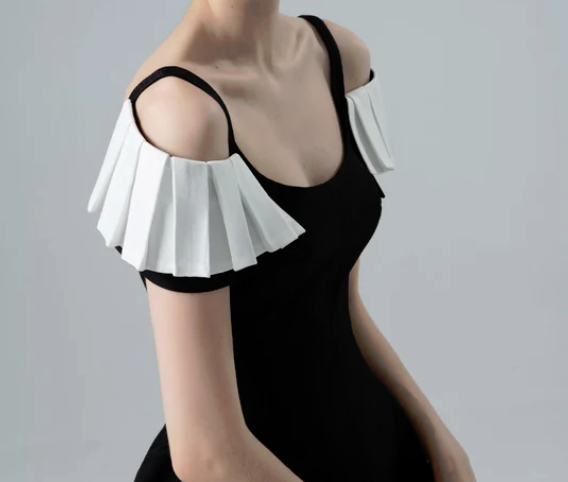 Women's Two-tone Elegant Black & White Off-Shoulder Pleated  Mini Dress - DR 2412