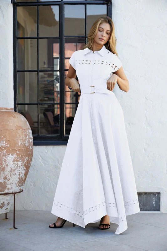 Women's Short Sleeve Belted Lace Insert Maxi Dress White - DR 6693