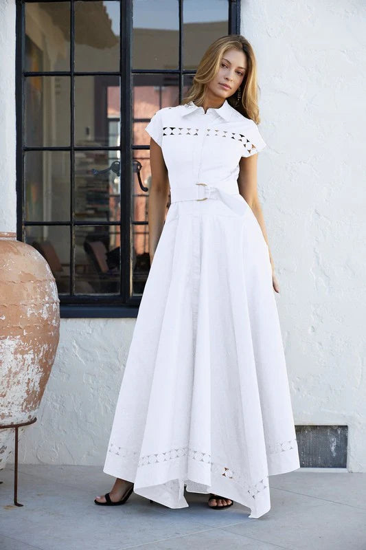 Women's Short Sleeve Belted Lace Insert Maxi Dress White - DR 6693