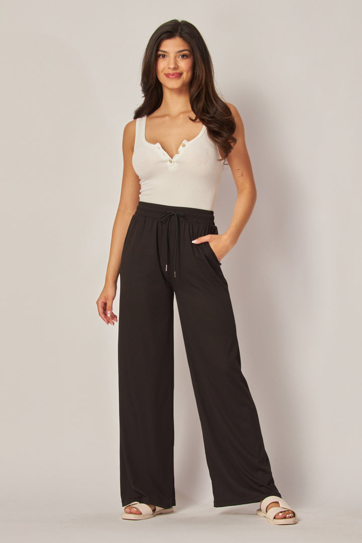 Stretchy Ribbed Drawstring Pocket Wide Leg Pants - EVE01