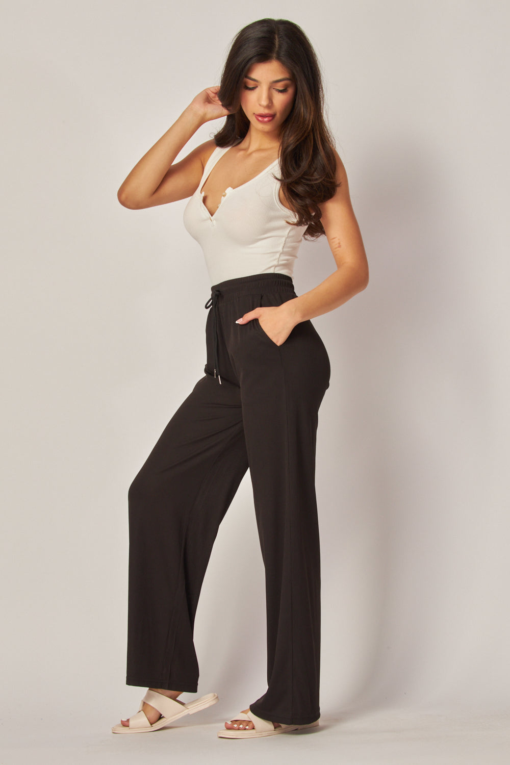 Stretchy Ribbed Drawstring Pocket Wide Leg Pants - EVE01