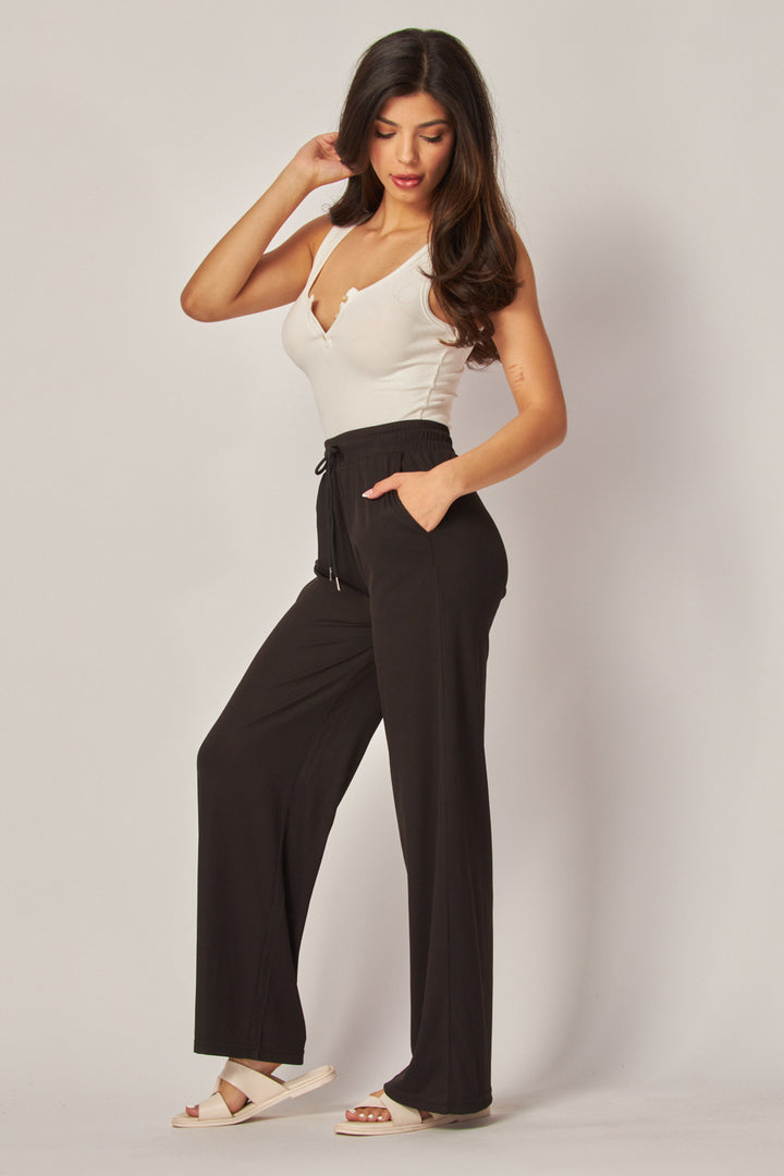 Stretchy Ribbed Drawstring Pocket Wide Leg Pants - EVE01