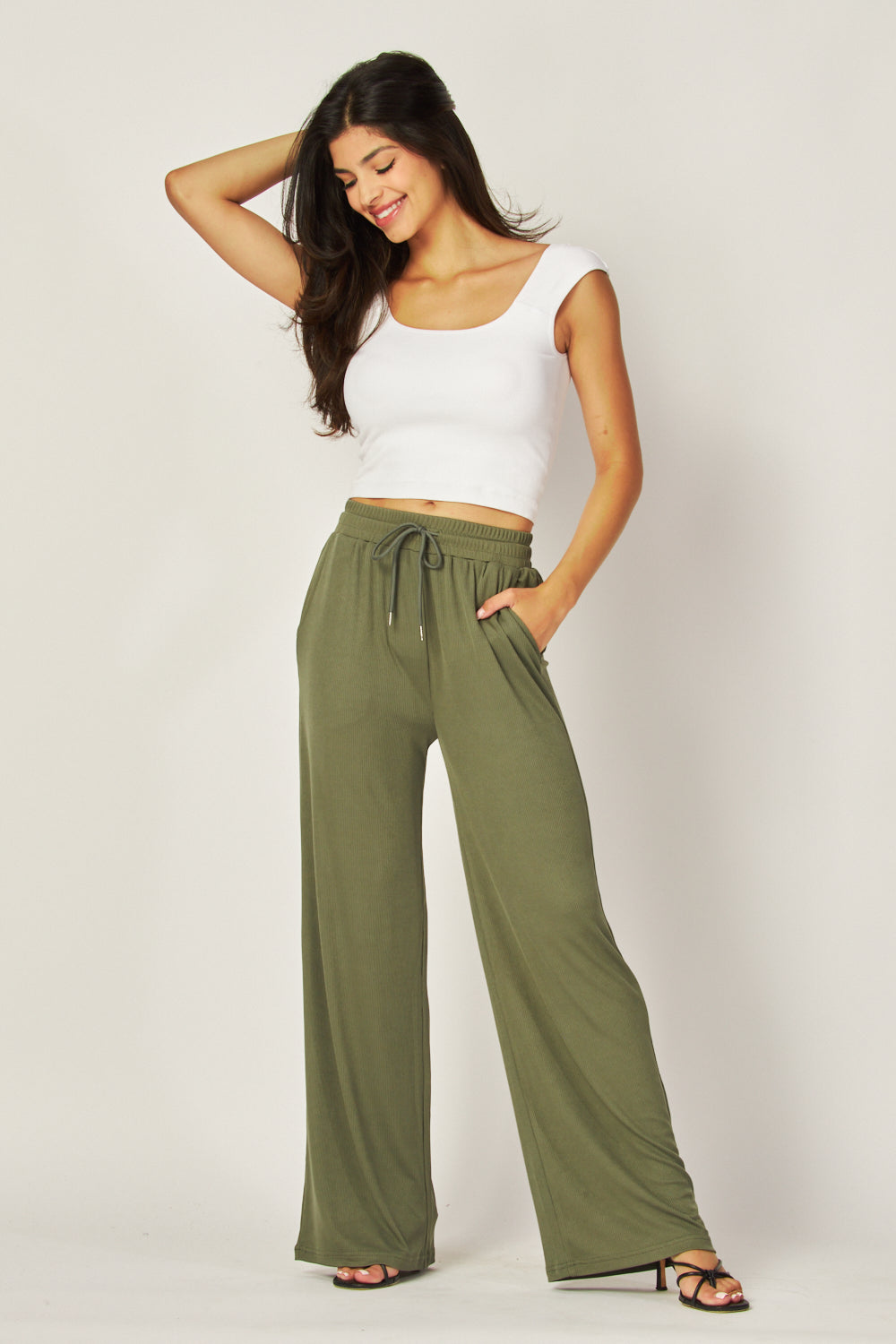 Stretchy Ribbed Drawstring Pocket Wide Leg Pants - EVE01