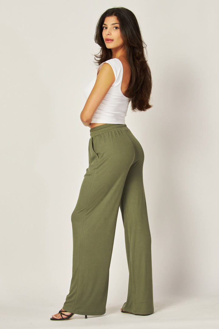 Stretchy Ribbed Drawstring Pocket Wide Leg Pants - EVE01