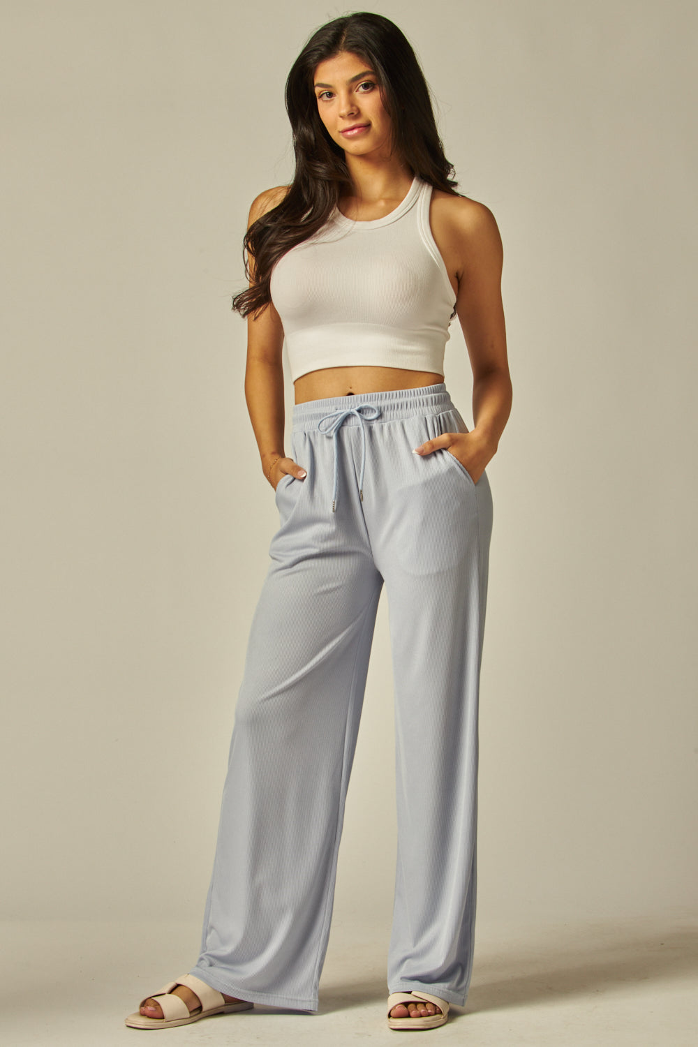 Stretchy Ribbed Drawstring Pocket Wide Leg Pants - EVE01