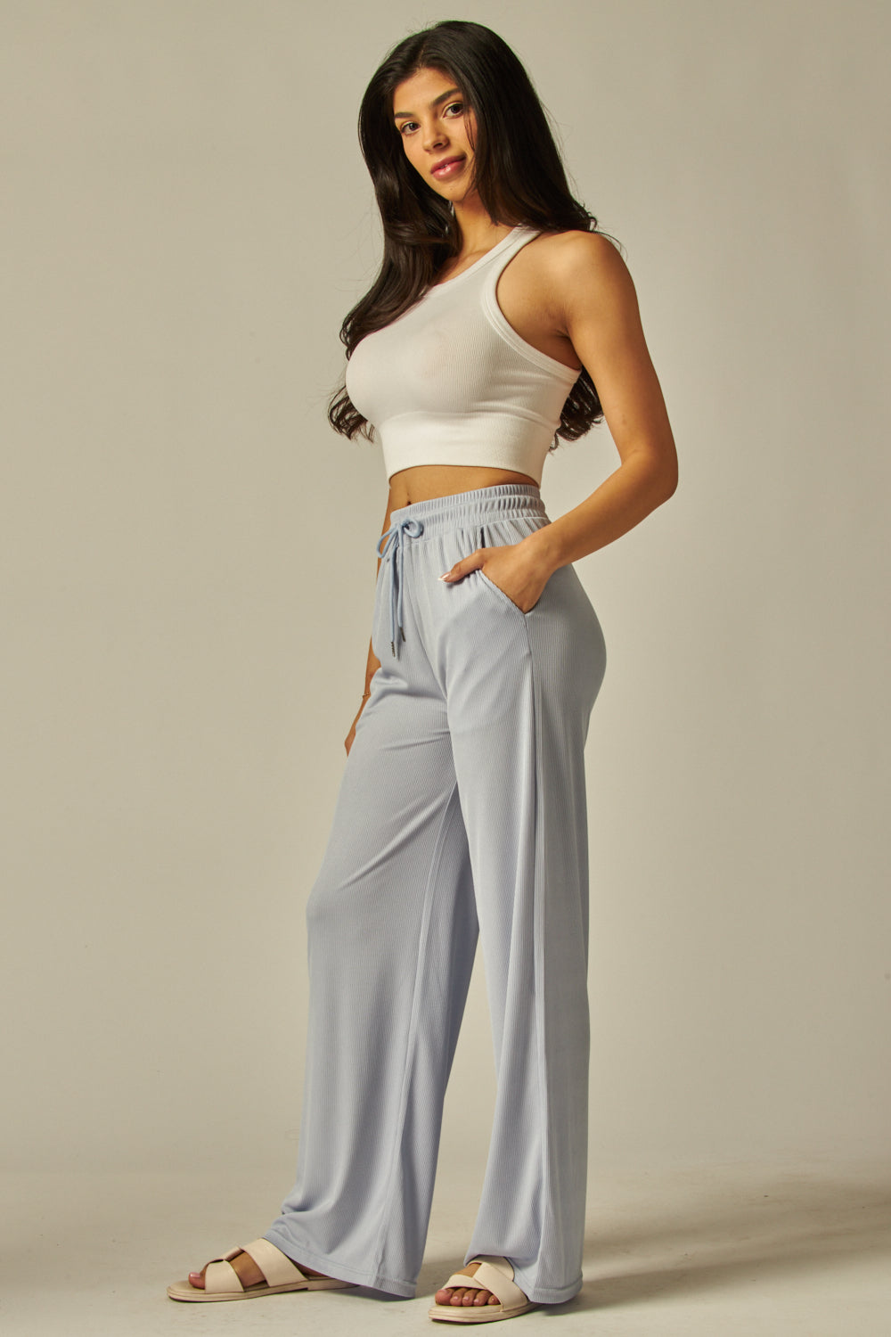 Stretchy Ribbed Drawstring Pocket Wide Leg Pants - EVE01