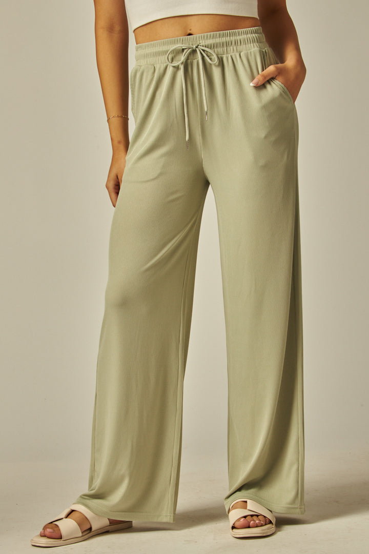 Stretchy Ribbed Drawstring Pocket Wide Leg Pants - EVE01