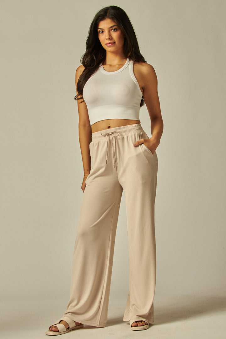 Stretchy Ribbed Drawstring Pocket Wide Leg Pants - EVE01