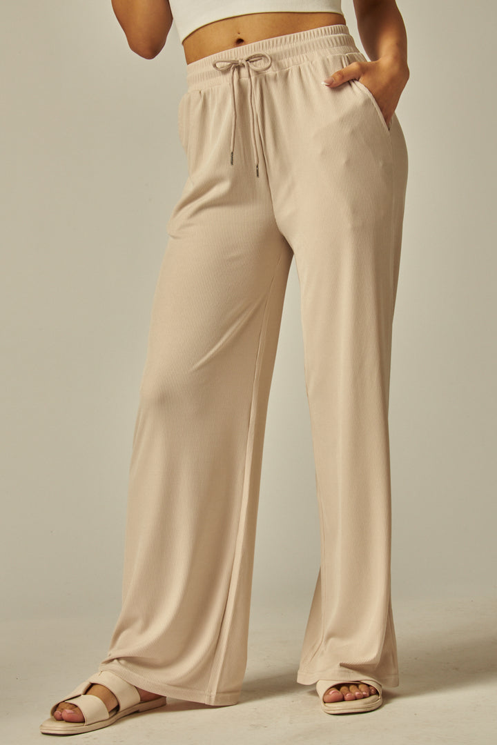 Stretchy Ribbed Drawstring Pocket Wide Leg Pants - EVE01