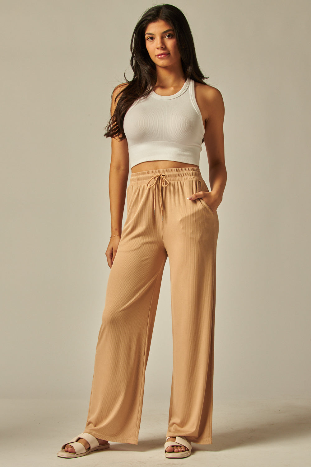 Stretchy Ribbed Drawstring Pocket Wide Leg Pants - EVE01