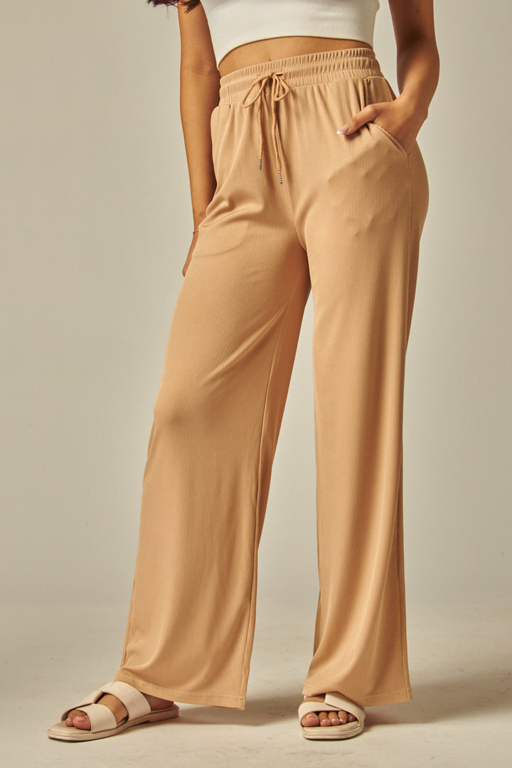 Stretchy Ribbed Drawstring Pocket Wide Leg Pants - EVE01