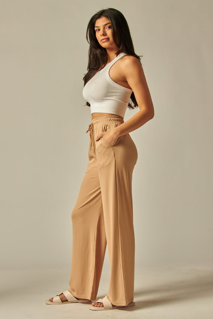 Stretchy Ribbed Drawstring Pocket Wide Leg Pants - EVE01