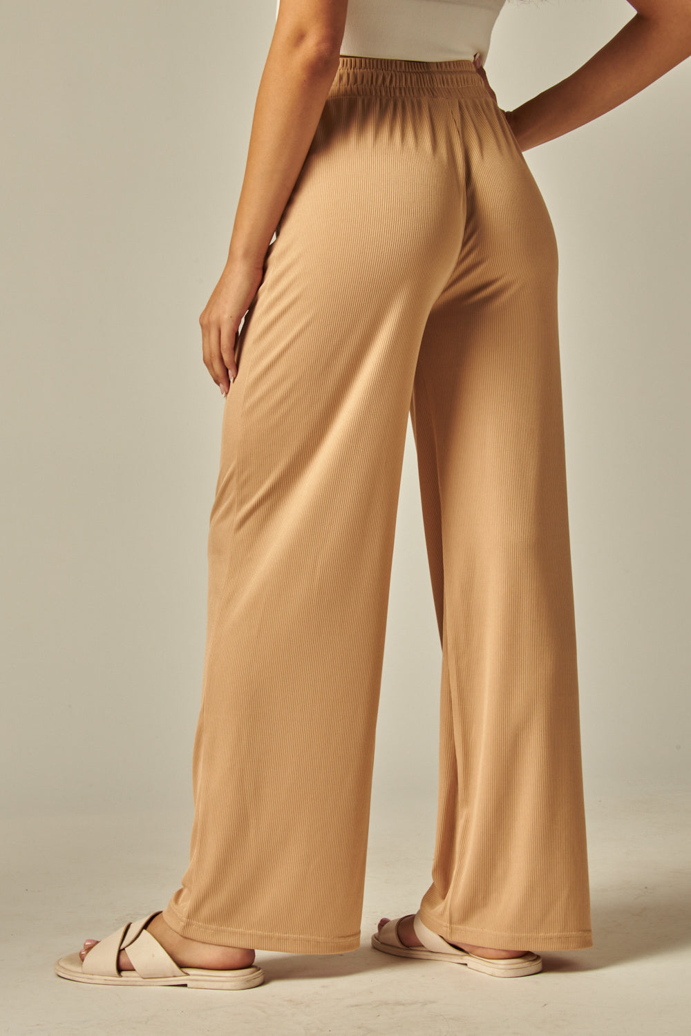 Stretchy Ribbed Drawstring Pocket Wide Leg Pants - EVE01