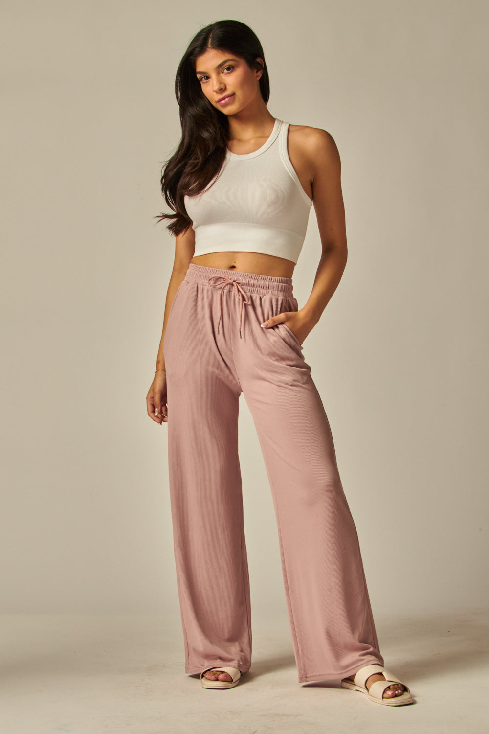 Stretchy Ribbed Drawstring Pocket Wide Leg Pants - EVE01