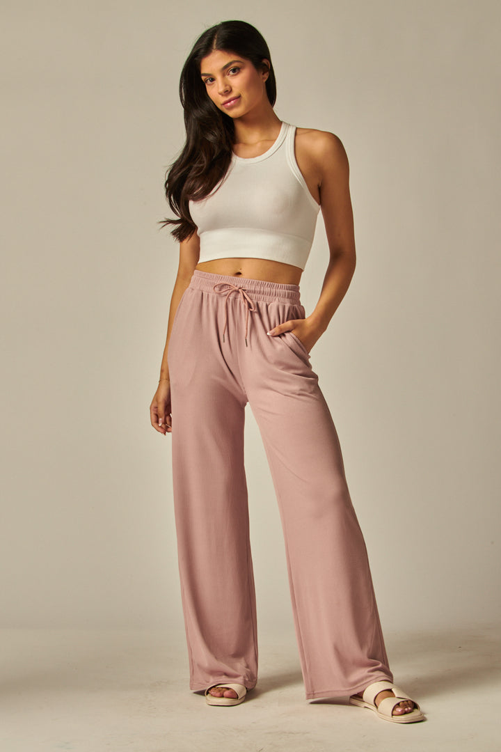 Stretchy Ribbed Drawstring Pocket Wide Leg Pants - EVE01