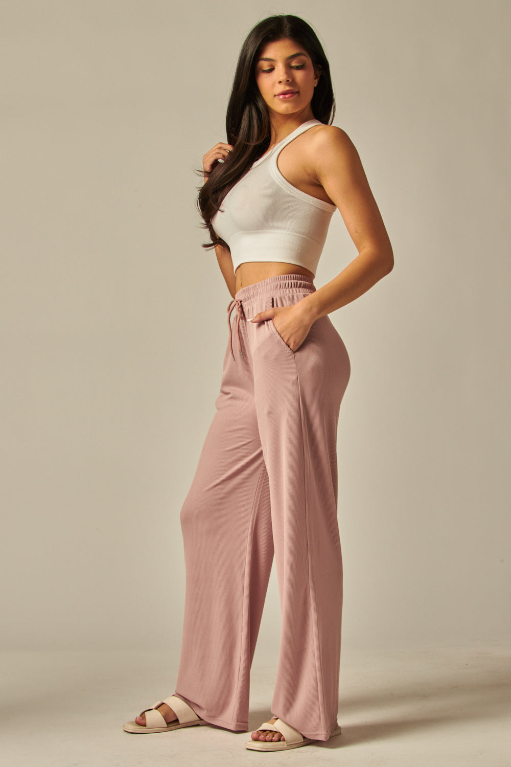 Stretchy Ribbed Drawstring Pocket Wide Leg Pants - EVE01