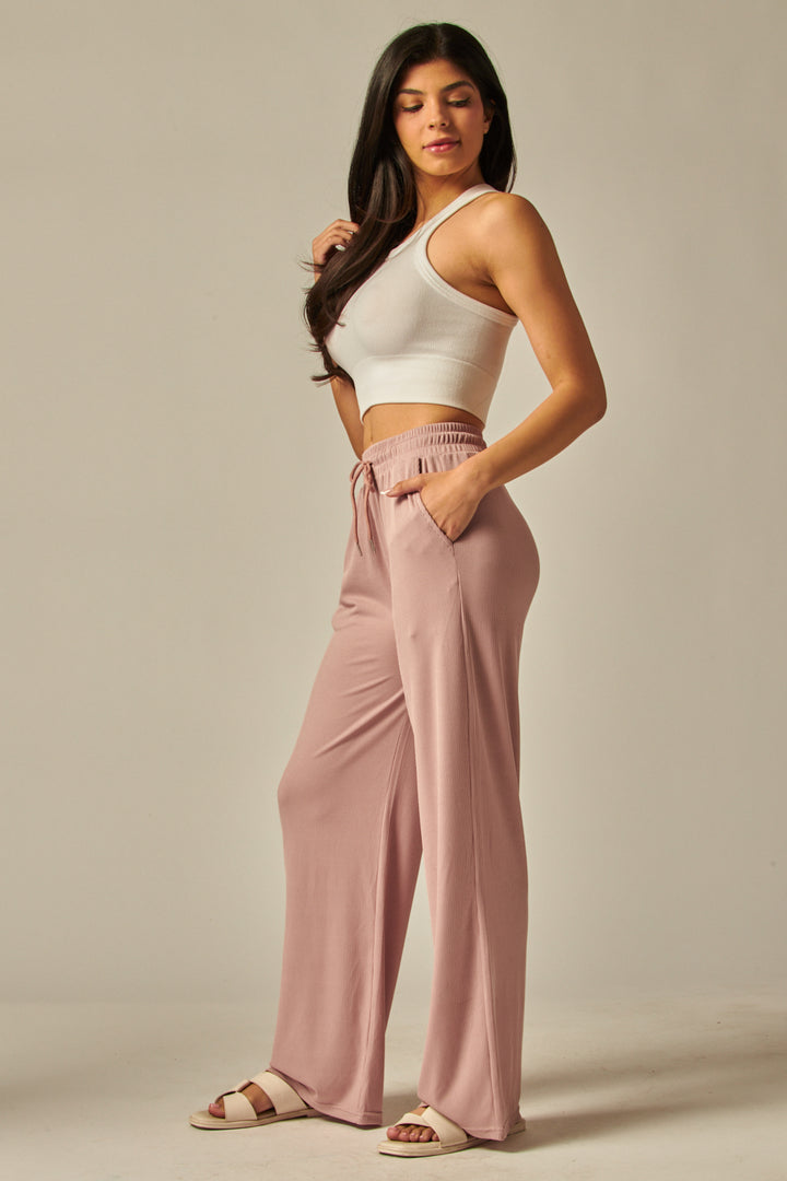 Stretchy Ribbed Drawstring Pocket Wide Leg Pants - EVE01