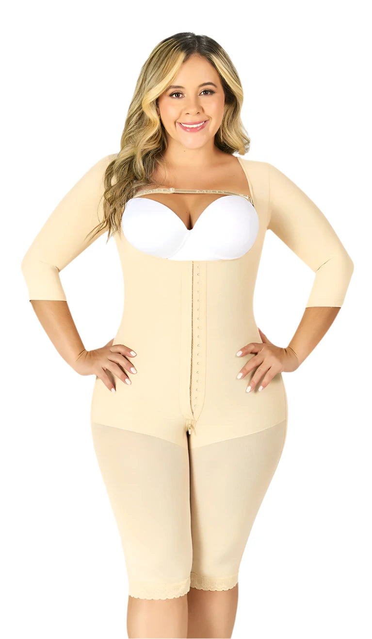 Fajas M&D F0074 Full Body Shapewear Knew-Leght with Sleeves Bodysuit for Women / Powernet