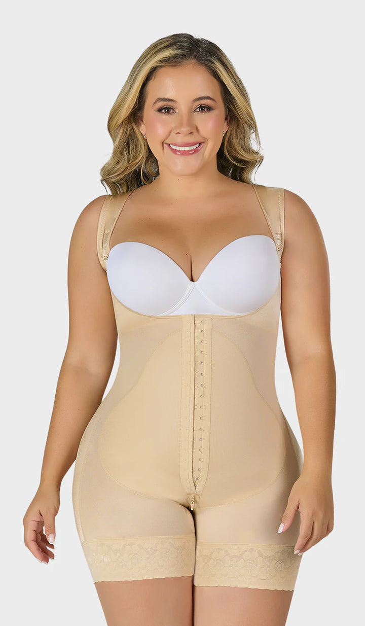 Fajas M&D F0269 Women's First Stage Post-Surgery Mid Thigh Shaper with Wide Adjustable Straps - Open Bust Design for Ultimate Comfort and Support